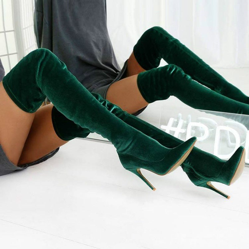 Pointed Elastic High Heel Frosted High Tube Knee High Boots