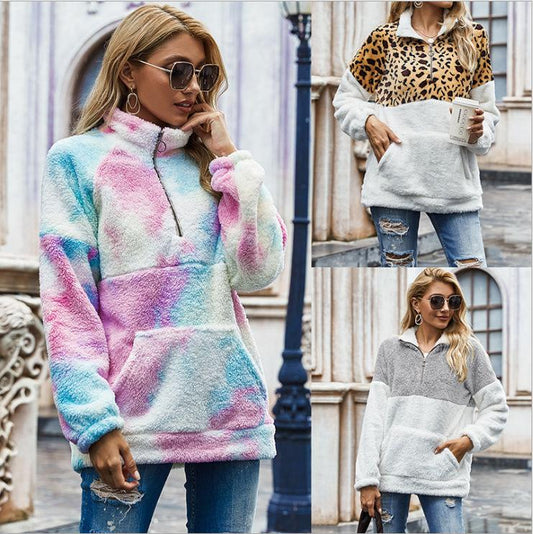 Leopard Stitching Pullover Tie Dyed Double-Sided Cashmere Sweater Loose Coat