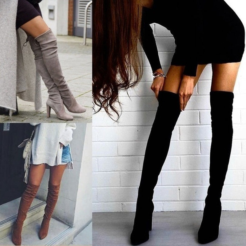 Pointed Thick Heel Knee Stretch Boots