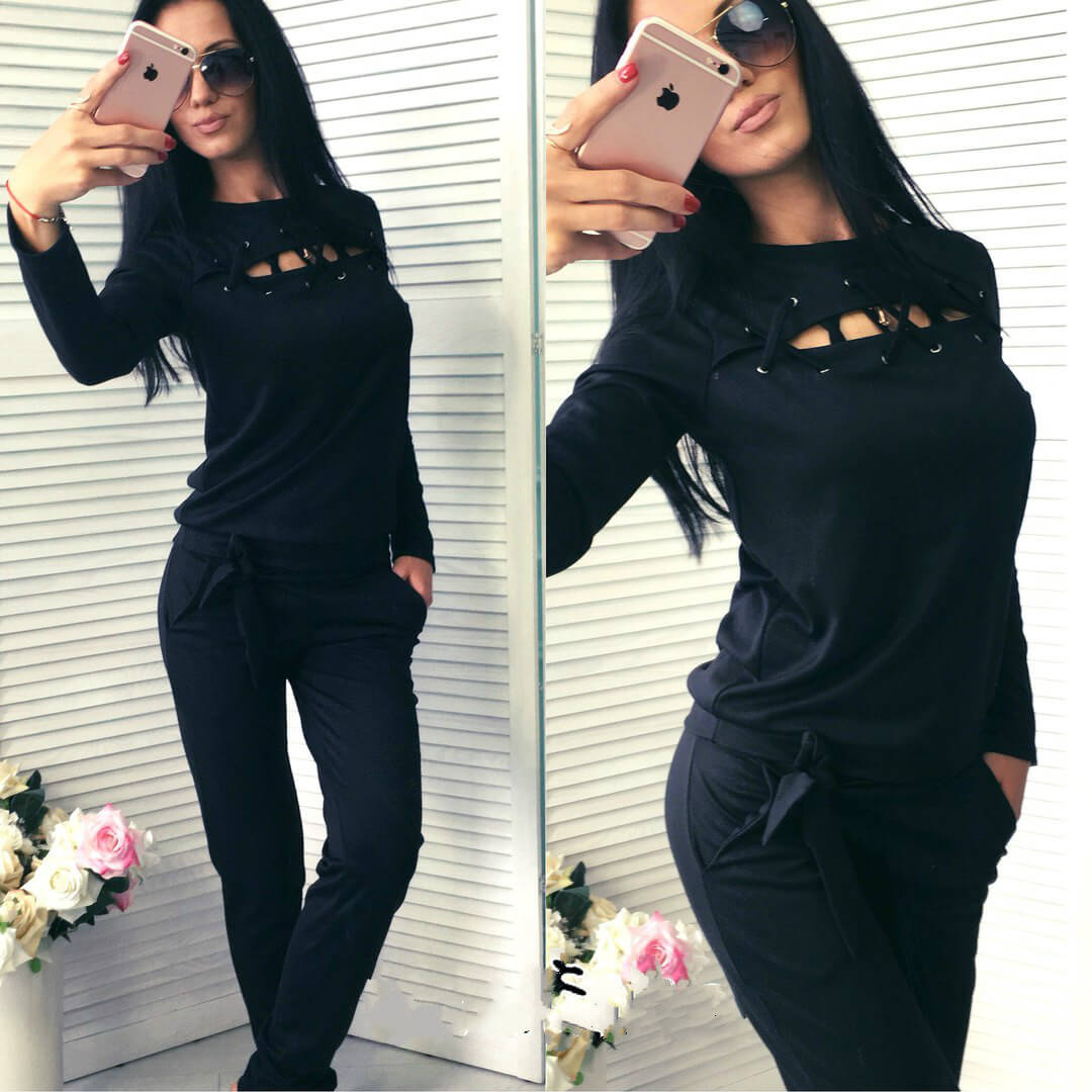 Pure Color Straps Hollow Out T-shirt with Skinny Pants Two Pieces Set