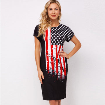 Independence Day knitted American flag print short sleeve mid length Dress