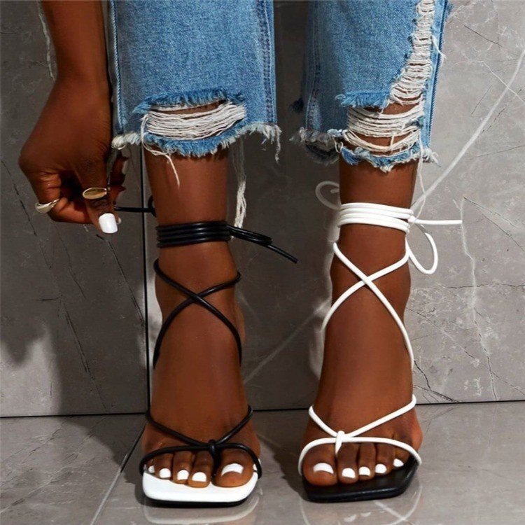 Large size black and white mixed color sandals sexy high heeled women's shoes