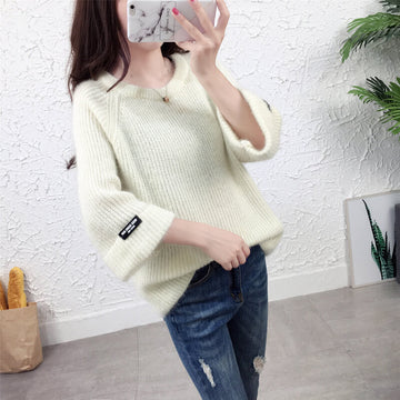 3/4 Sleeves Pure Color Scoop Regular Sweater