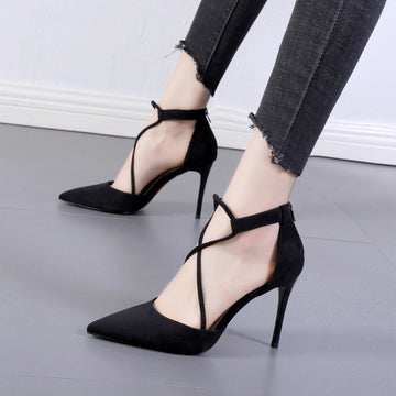 Cross Pointed Hollow High Heel Suede Sandals