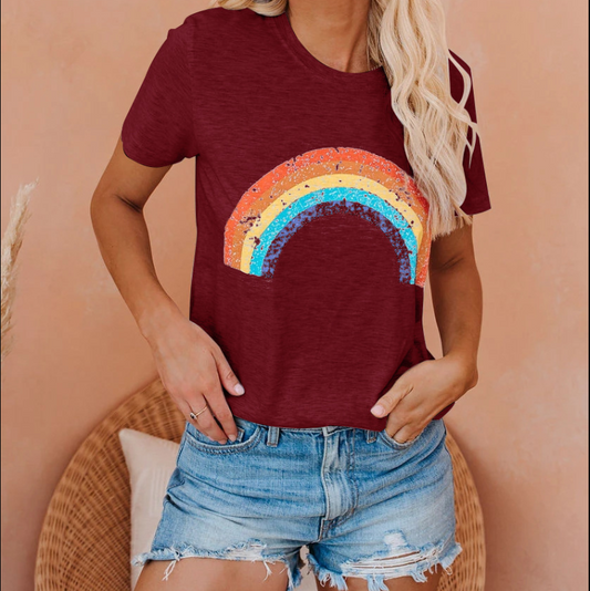 Casual Cotton Rainbow Print Short Sleeve Loose T-shirts