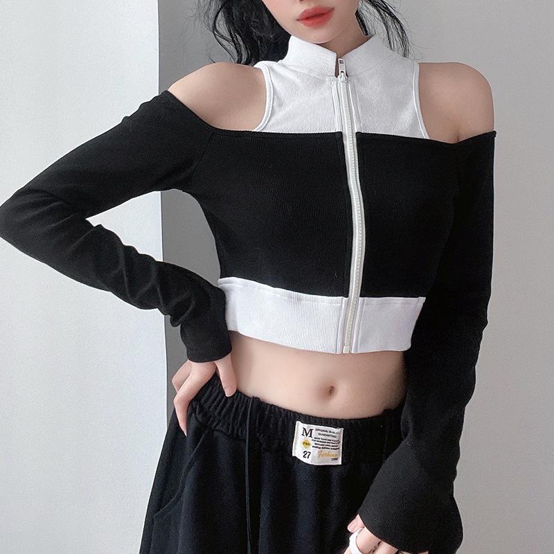 Off shoulder fake two piece contrast long sleeve T-shirt
