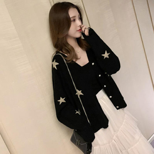 Star Print Knit Cardigan Embroidery Loose V-neck Sweater