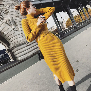 Medium And Long Knitted Slim Bottomed Sweater Dress (free belt)
