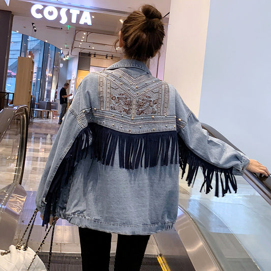 Spring And Autumn New Embroidery Tassel Loose Casual Denim Coat