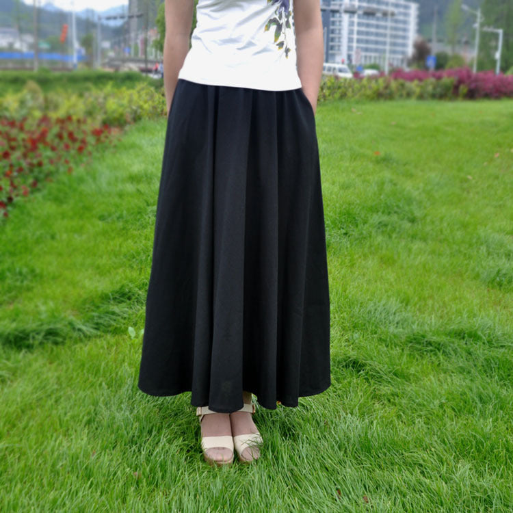 Bohemian Flared Pleated Pure Color Slim Floor Maxi Skirt