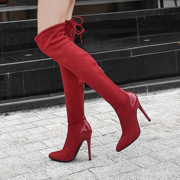 Pointed suede elastic high heels Knee Boots