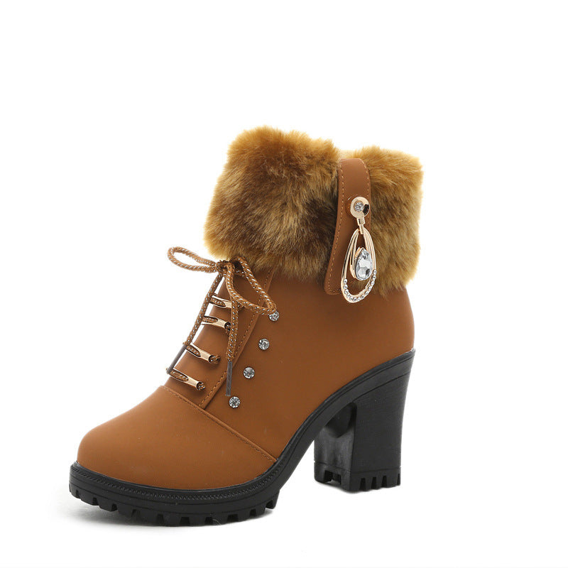 Crystal Fur Decorate Lace Up Chunky Heel Boots
