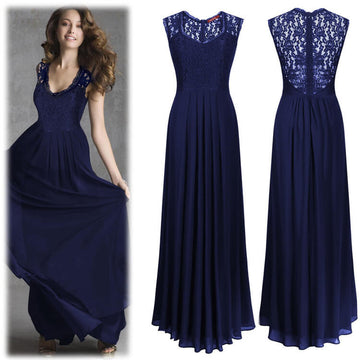 V-neck Pure Color Lace Long Dress
