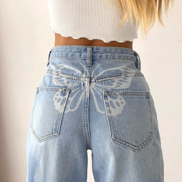 Butterfly Print Solid High Waist Straight Jeans Pants