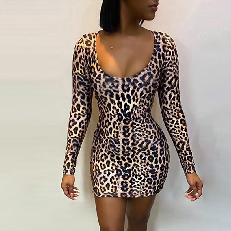 Leopard Backless Cutout Bodycon Low Cut Dress