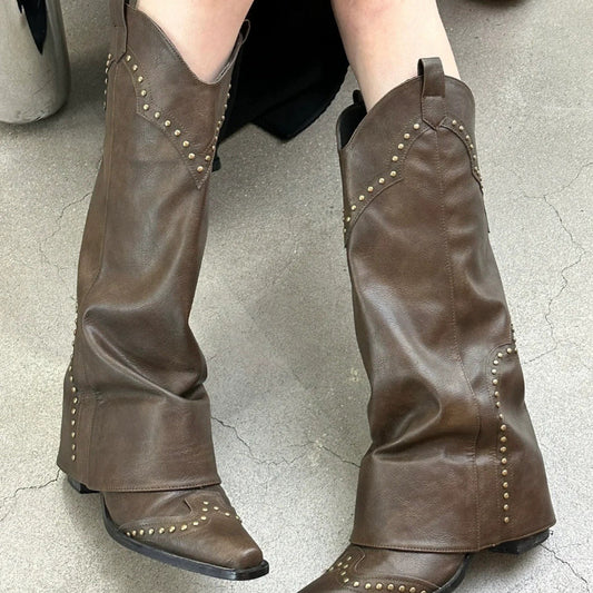 Vintage Pointed-Toe Rivet All-Purpose Chunky Heel Knee-High Boots