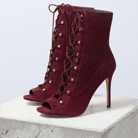 Red Suede Peep Toe Strap High Heel Ankle Boots