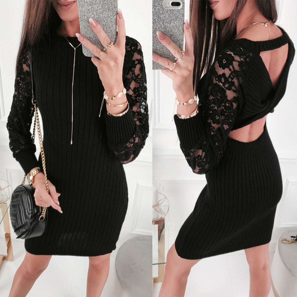Black Lace Patchwork Backless Bodycon Dress