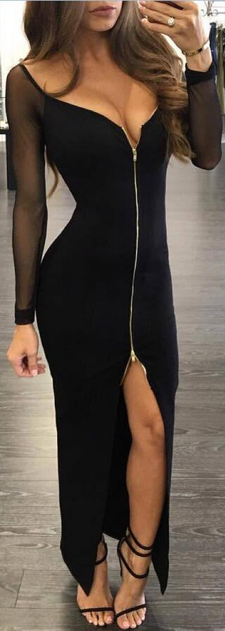 Sexy Black Mesh Low Cut Neck Front Zipper Long Dress