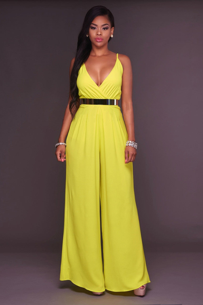 Candy Color Spaghetti Straps V-neck High Waist Long Wide Legs Jumpsuit