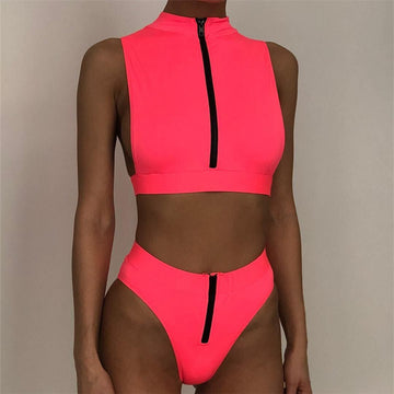 Zipper Bright Color High Rise Triangle Bikinis