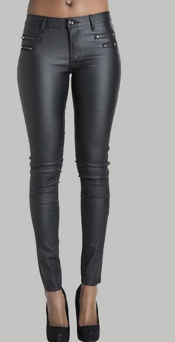 Low Waist Double Zipper Button Slim PU Leather Pants - Meet Yours Fashion - 2