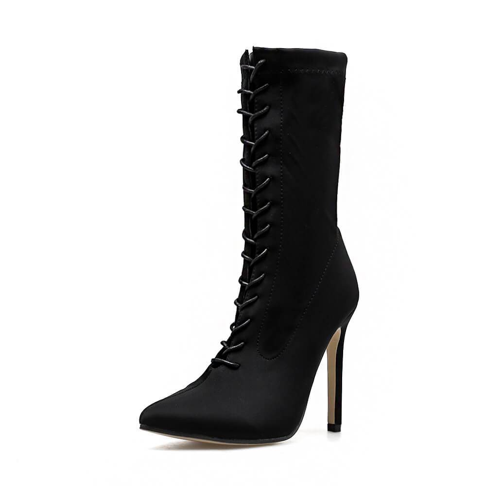 Leather Lace Up High Heel Pointed Toe Calf Boots