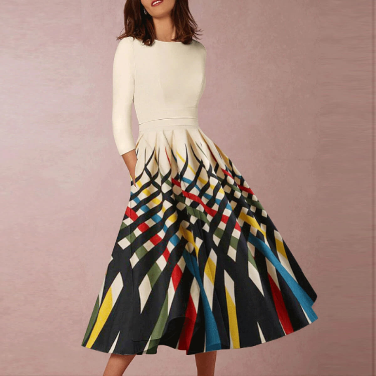 Elegant Print Long Sleeve Empire Waist Midi Dress