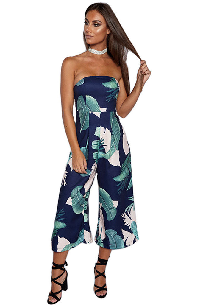 Strapless Floral Print Wide Legs Tee-length Jumpsuit