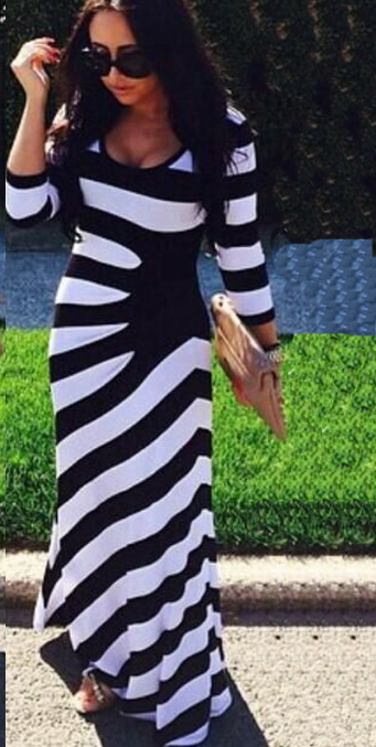 Striped 3/4 Sleeve Scoop Irregular long Dress - Meet Yours Fashion - 1