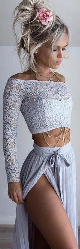 Off Shoulder Lace Long Sleeve Side Split Long Skirt Two Pieces Dress