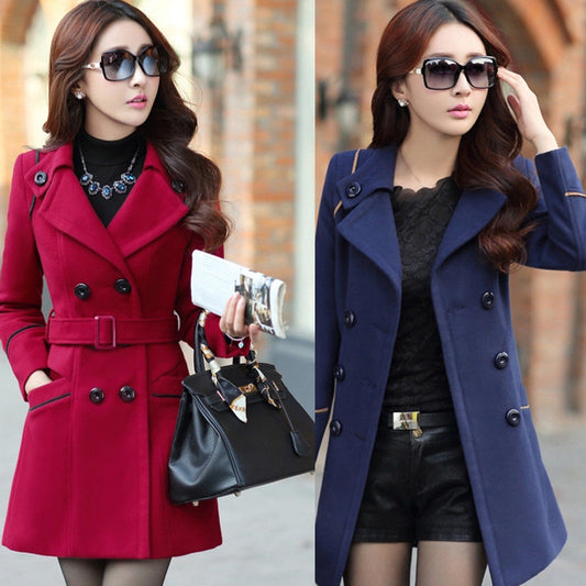 Slim Long Sleeves Button Wool Length Coat With Belt on