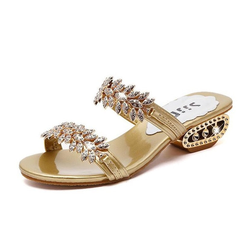 Leather Rhinestone Ourdoor Cutout Slippers