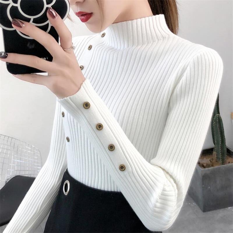 Women Autumn Knitted Sweater Solid Knitted Female Cotton Soft Elastic Color Pullovers Button Full Sleeve Turtleneck