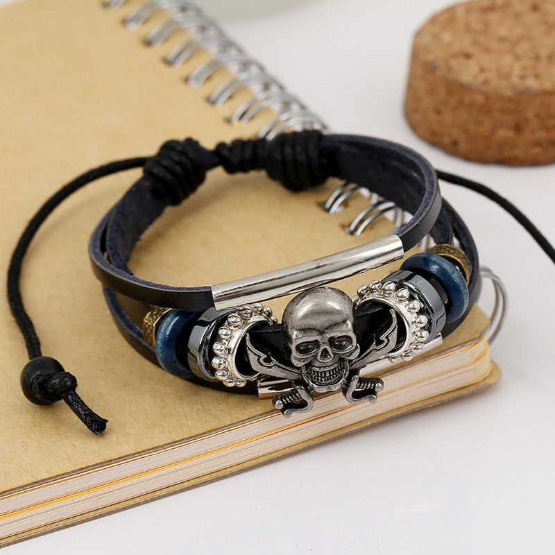Handmade Skull Beaded Leather Bracelet