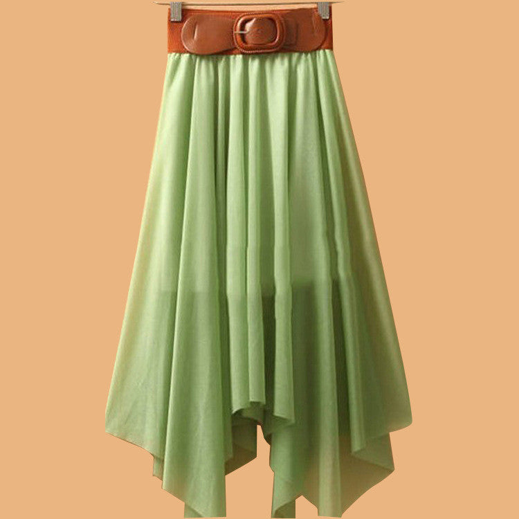 Chiffon Irregular Bohemian Flare Pleated Beach Middle Belt Skirt - Meet Yours Fashion - 5
