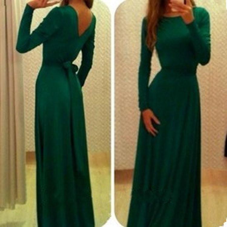 Clearance Long Sleeves Pure Color V-Back Backless Long Dress