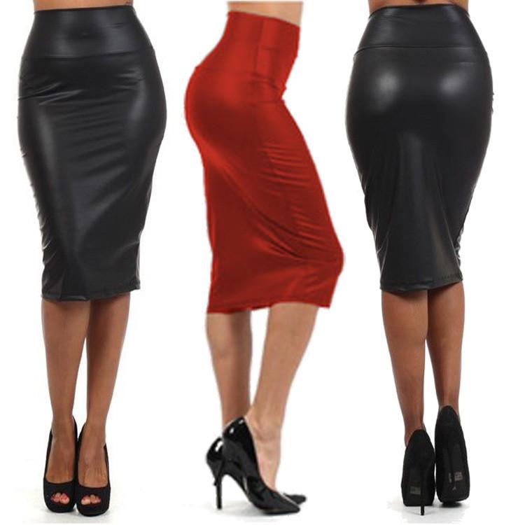 Clearance Faux Leather Pure Color Elastic Bodycon Pencil Skirt