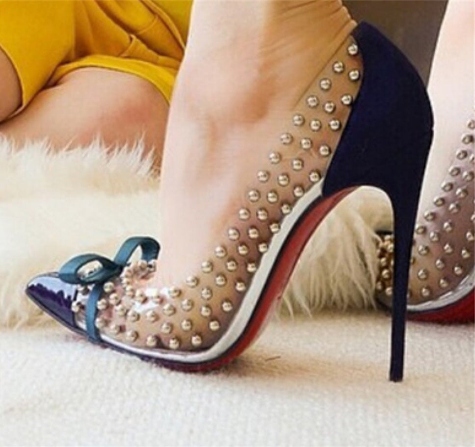 Pointed Toe Bowknot Decorate Rivets Stiletto High Heels Party Shoes
