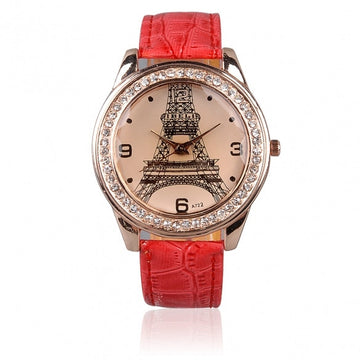 Fashion Chic Girl Ladies Eiffel Tower Dial Crystal Quartz Watch Gift Wristwatch Red Strap