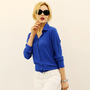 Pure Color Plus Size Chiffon Long Sleeves Blouse Shirt - Meet Yours Fashion - 1