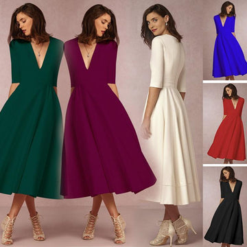 Clearance V-neck 3/4 Sleeves Solid High-waist Pleated Long Party Dress(Extra large code)