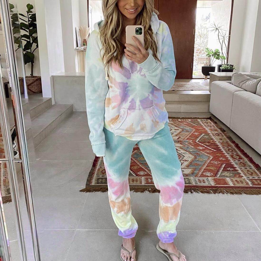 Casual Tie Dye Loose High Waist Hooded Pocket Two Pieces Set
