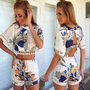 Hollow Out Print Tassel Short Sleeves Crop Top and Shorts Suit - Meet Yours Fashion - 3