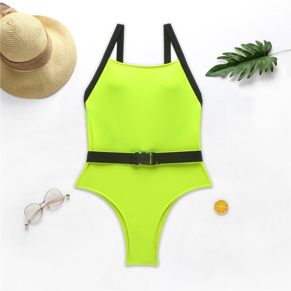 Bright Color Buckle Low Back High Cut Swimsuit