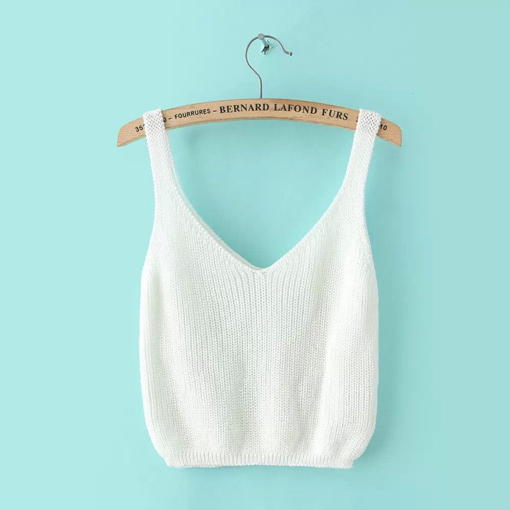 Knitting Spaghetti Strap V-neck Pure Color Vest - Meet Yours Fashion - 2