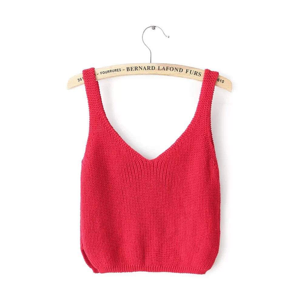 Knitting Spaghetti Strap V-neck Pure Color Vest - Meet Yours Fashion - 4