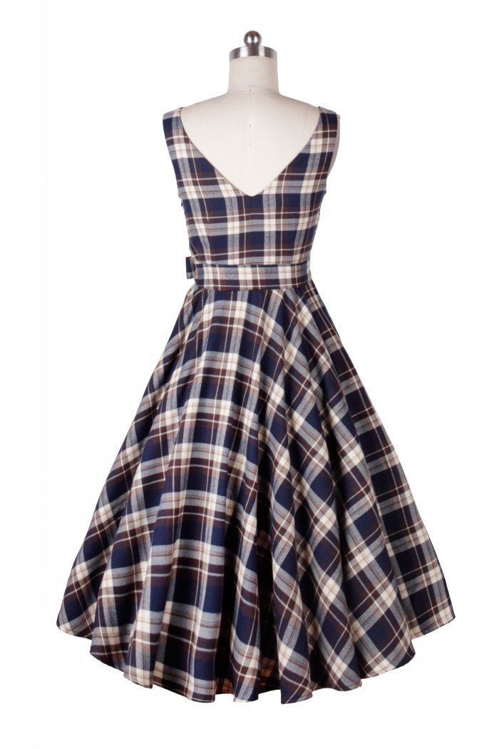 Sleeveless Bow Knot Scoop Mid-Calf Vintage Plaid Dress - Meet Yours Fashion - 5