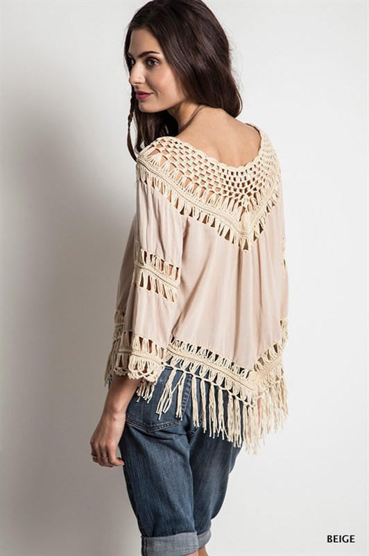 Cover Up Hole Tassel V-neck 3/4 Sleeves Casual Patchwork Blouse