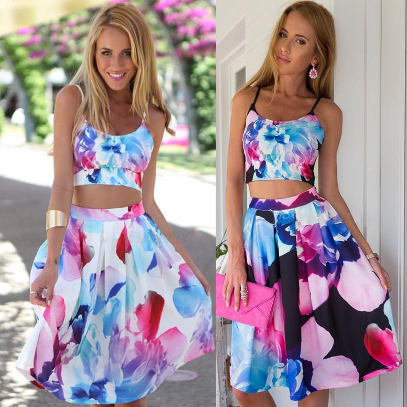 Print Crop Top with A-line Knee Length Skirt Two pieces Dress - Meet Yours Fashion - 3